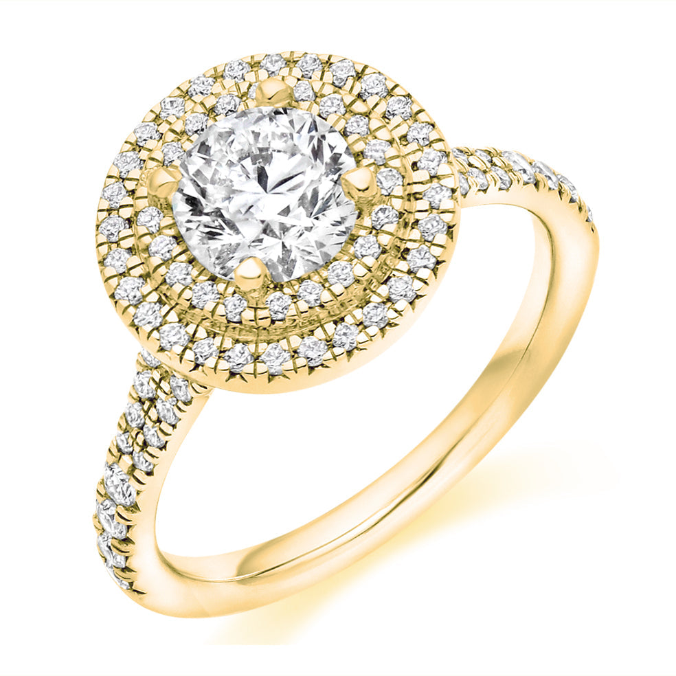 Halo with Diamond Set Shoulders Round Brilliant Engagement Ring, 1.00ct in Yellow Gold