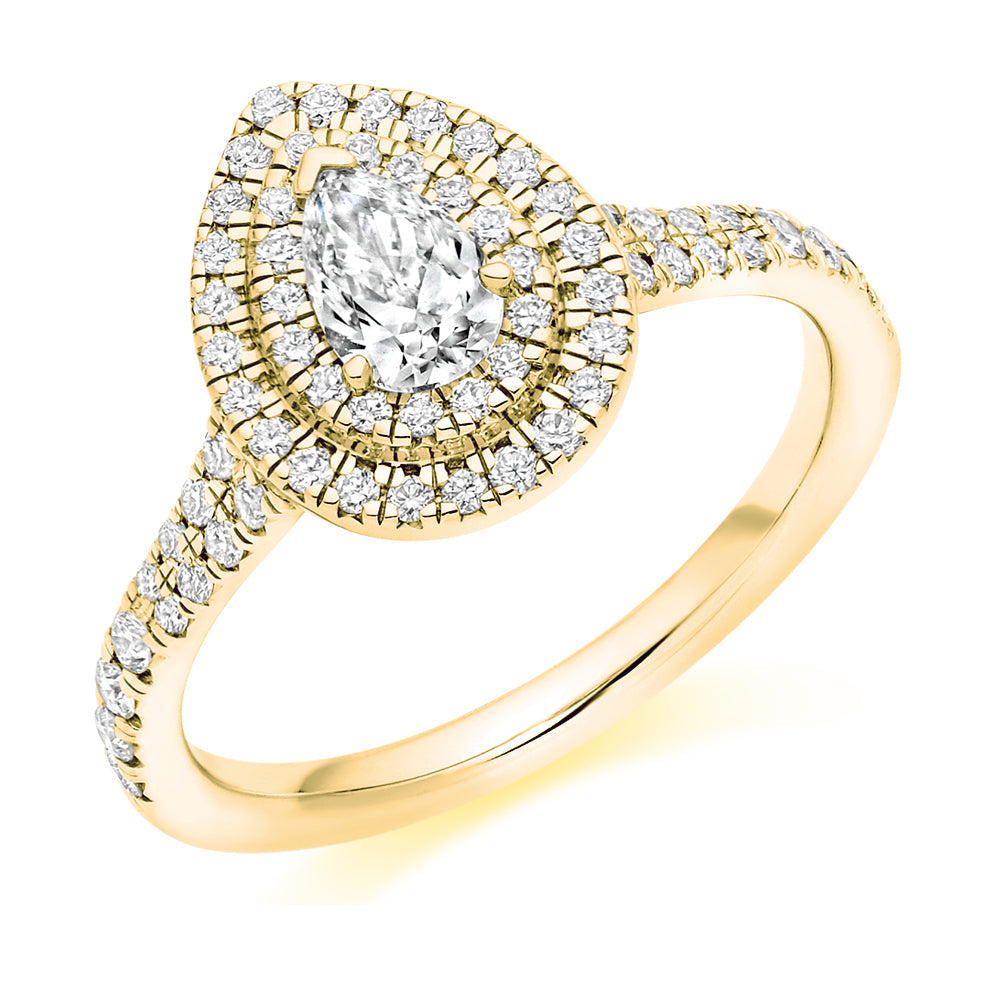 Halo with Diamond Set Shoulders Pear Cut Engagement Ring, 0.33ct in Yellow Gold