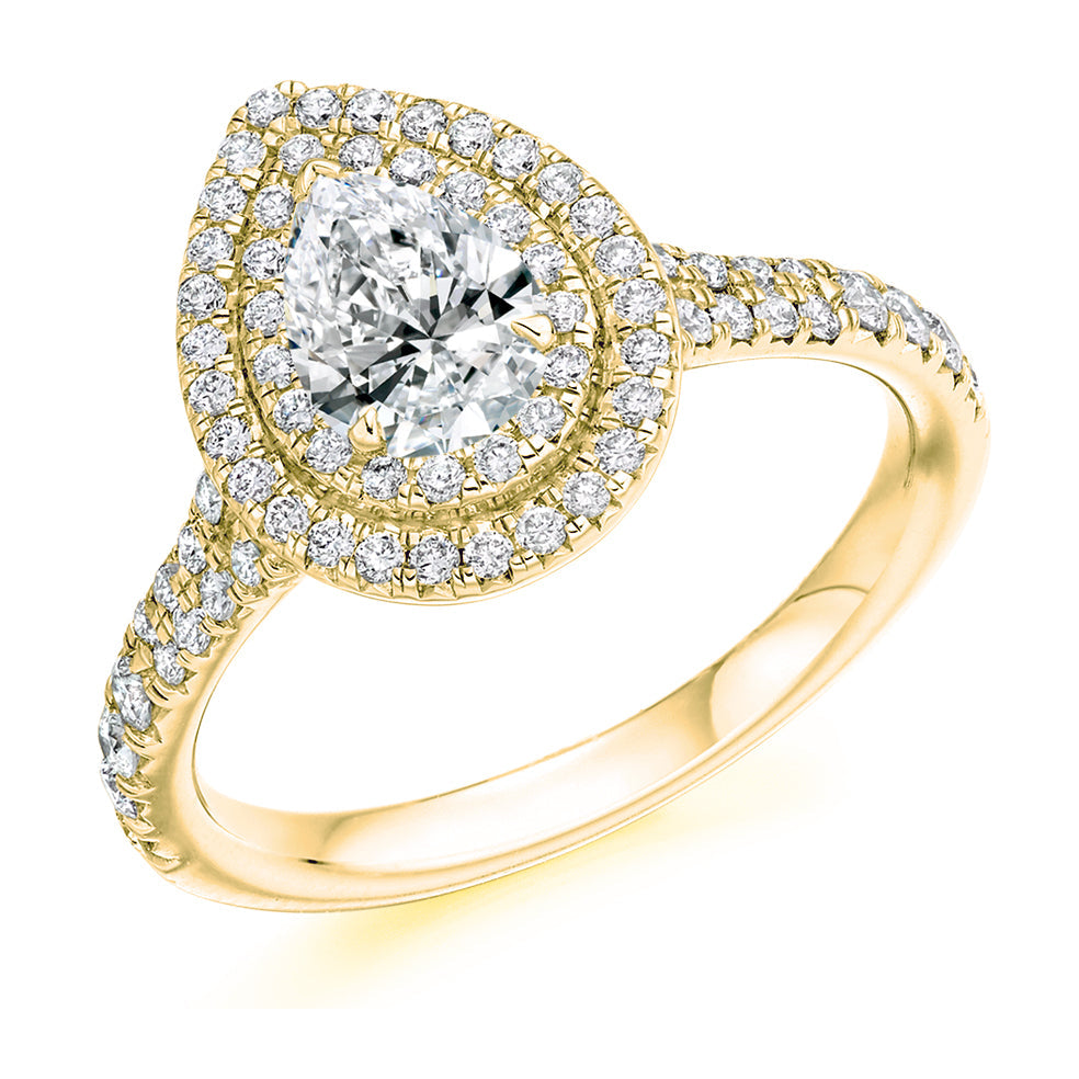 Halo with Diamond Set Shoulders Pear Cut Engagement Ring, 0.50ct in Yellow Gold