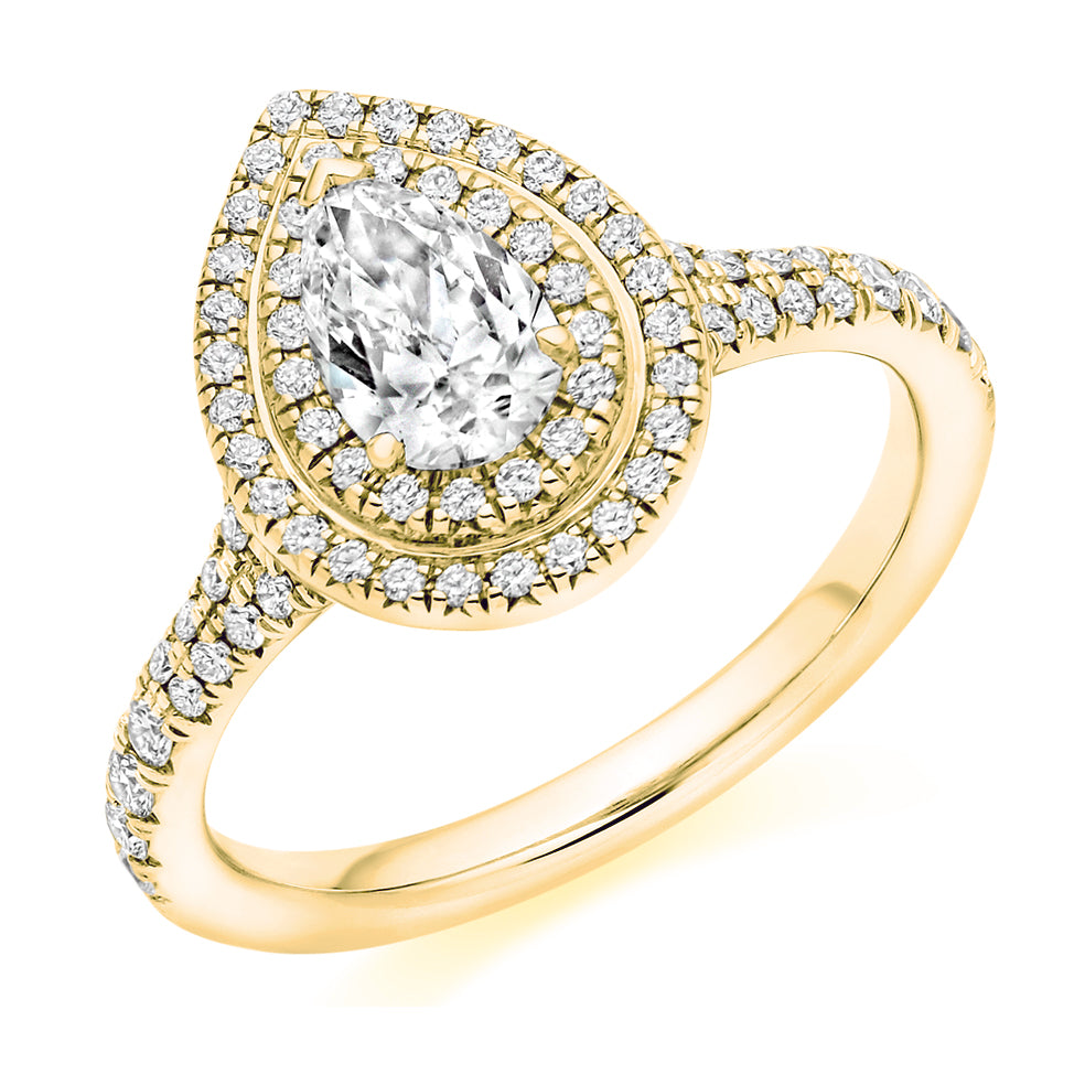 Halo with Diamond Set Shoulders Pear Cut Engagement Ring, 0.75ct in Yellow Gold
