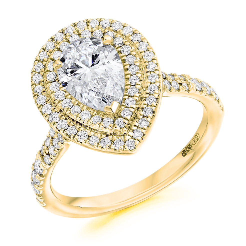Halo with Diamond Set Shoulders Pear Cut Engagement Ring, 1.00ct in Yellow Gold