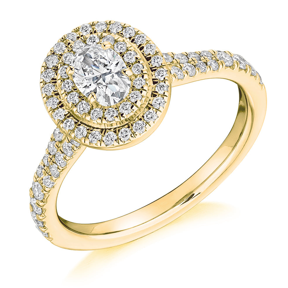 Halo with Diamond Set Shoulders Oval Cut Engagement Ring, 0.33ct in Yellow Gold
