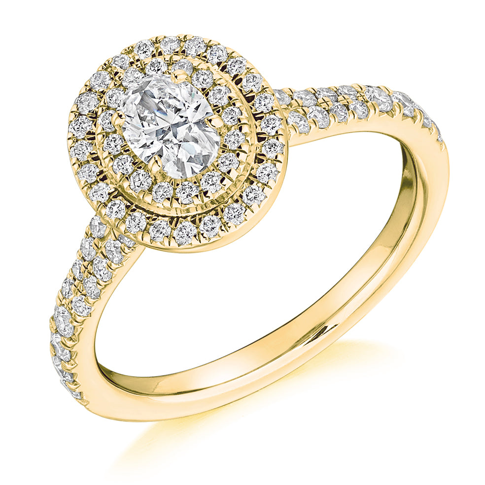 Halo with Diamond Set Shoulders Oval Cut Engagement Ring, 0.33ct in Yellow Gold