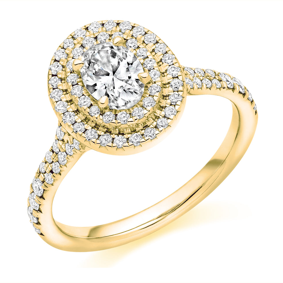 Halo with Diamond Set Shoulders Oval Cut Engagement Ring, 0.50ct in Yellow Gold