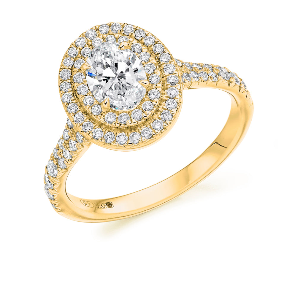 Halo with Diamond Set Shoulders Oval Cut Engagement Ring, 0.75ct in Yellow Gold
