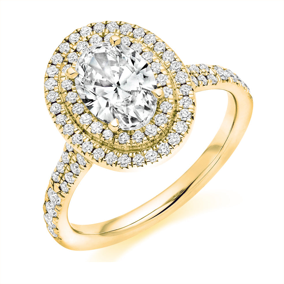 Halo with Diamond Set Shoulders Oval Cut Engagement Ring, 1.00ct in Yellow Gold