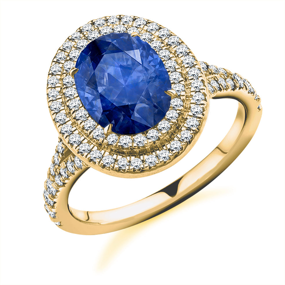 Double-Halo Cluster Sapphire & Diamond Engagement Ring with Fishtail, in Yellow Gold