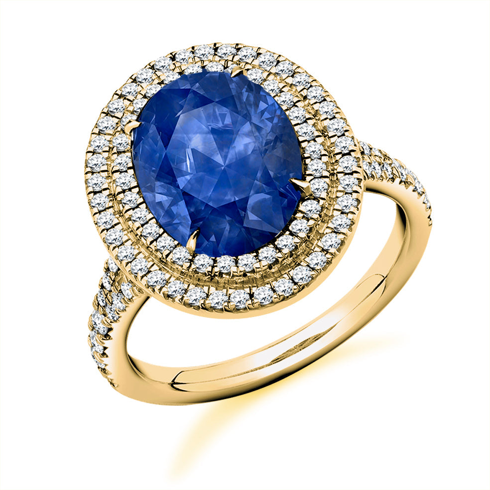 Double-Halo Cluster Sapphire & Diamond Engagement Ring, 0.55ct in Yellow Gold