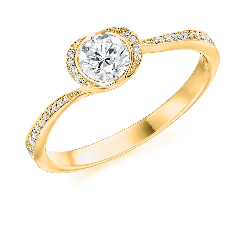 Halo with Diamond Set Shoulders Round Brilliant Engagement Ring, 0.33ct in Yellow Gold