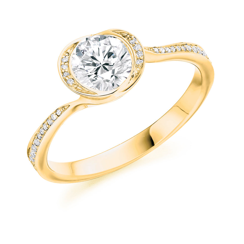 Halo with Diamond Set Shoulders Round Brilliant Engagement Ring, 0.75ct in Yellow Gold