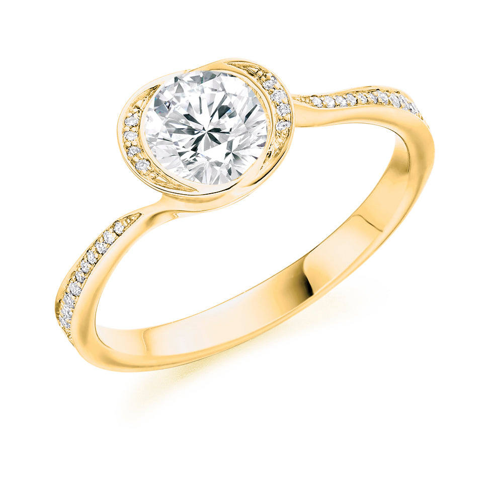 Halo with Diamond Set Shoulders Round Brilliant Engagement Ring, 0.75ct in Yellow Gold