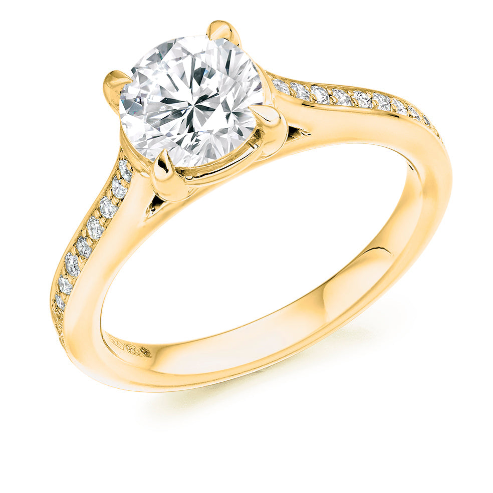 Solitaire with Diamond Set Shoulders Round Brilliant Engagement Ring, 1.40ct in Yellow Gold