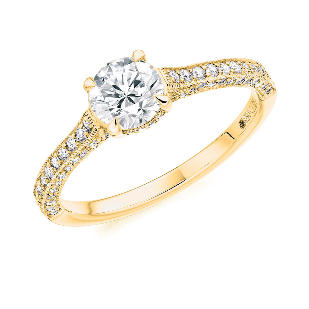 Solitaire with Diamond Set Shoulders Round Brilliant Engagement Ring, 0.75ct in Yellow Gold