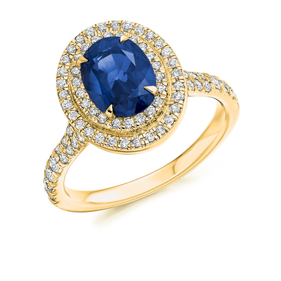 Double-Halo Cluster Sapphire & Diamond Engagement Ring with Micro-Claw in Yellow Gold