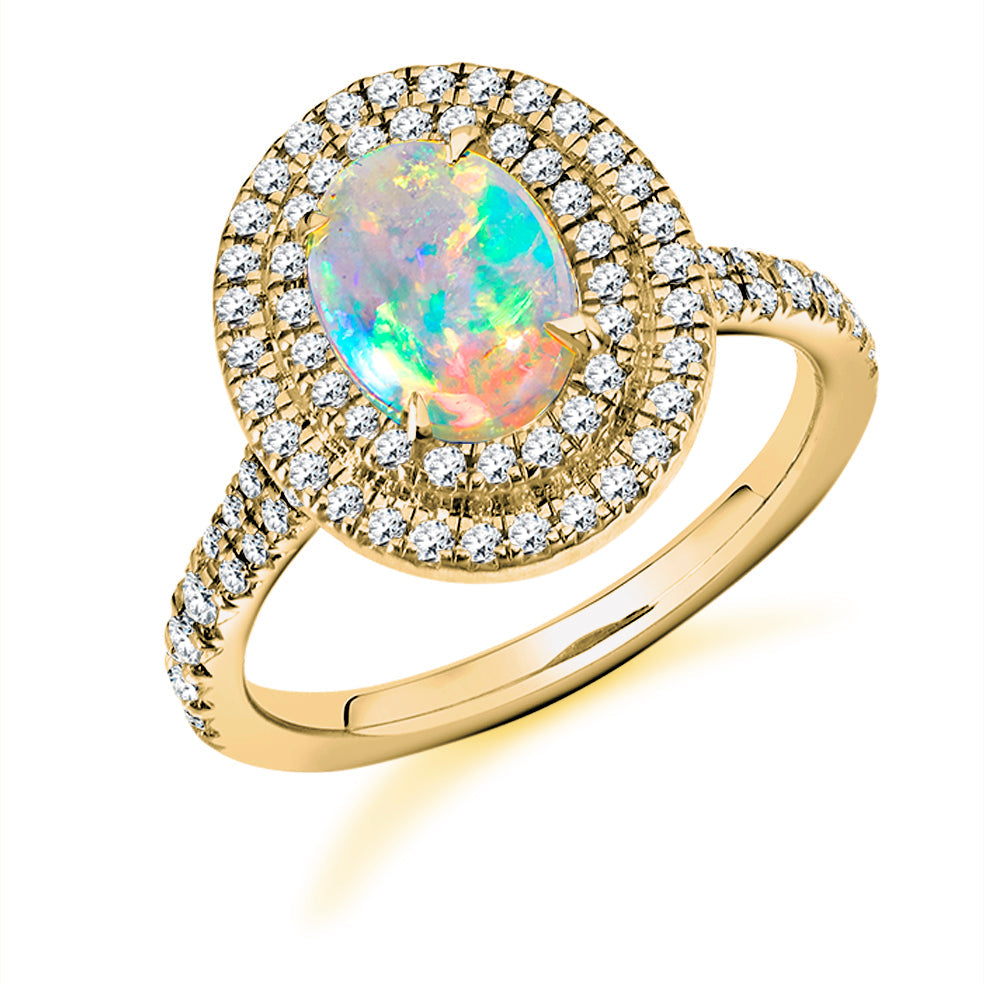 Double-Halo Cluster Opal & Diamond Engagement Ring, 0.55ct in Yellow Gold