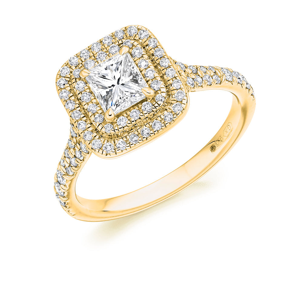 Double-Halo Split-Shoulder Radiant-Cut Engagement Ring, 0.75ct in Yellow Gold