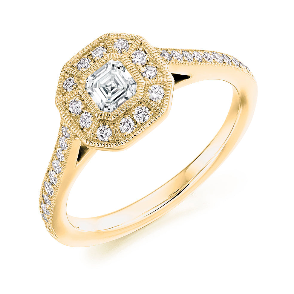 Rubover-Set Halo Asscher Cut Engagement Ring, 0.33ct in Yellow Gold