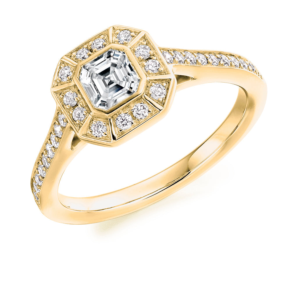 Rubover-Set Halo Asscher Cut Engagement Ring in Yellow Gold