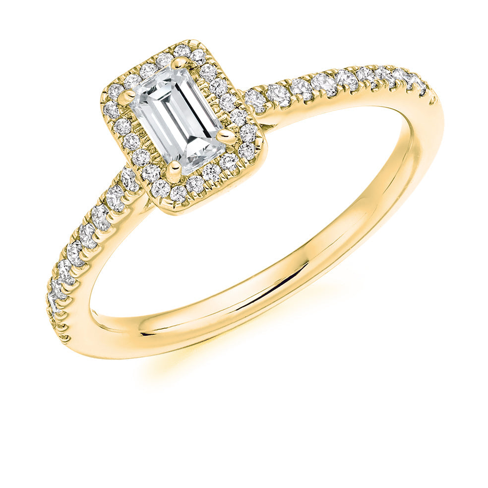 Pavé-Shoulder Halo Emerald-Cut Engagement Ring, 0.3ct in Yellow Gold
