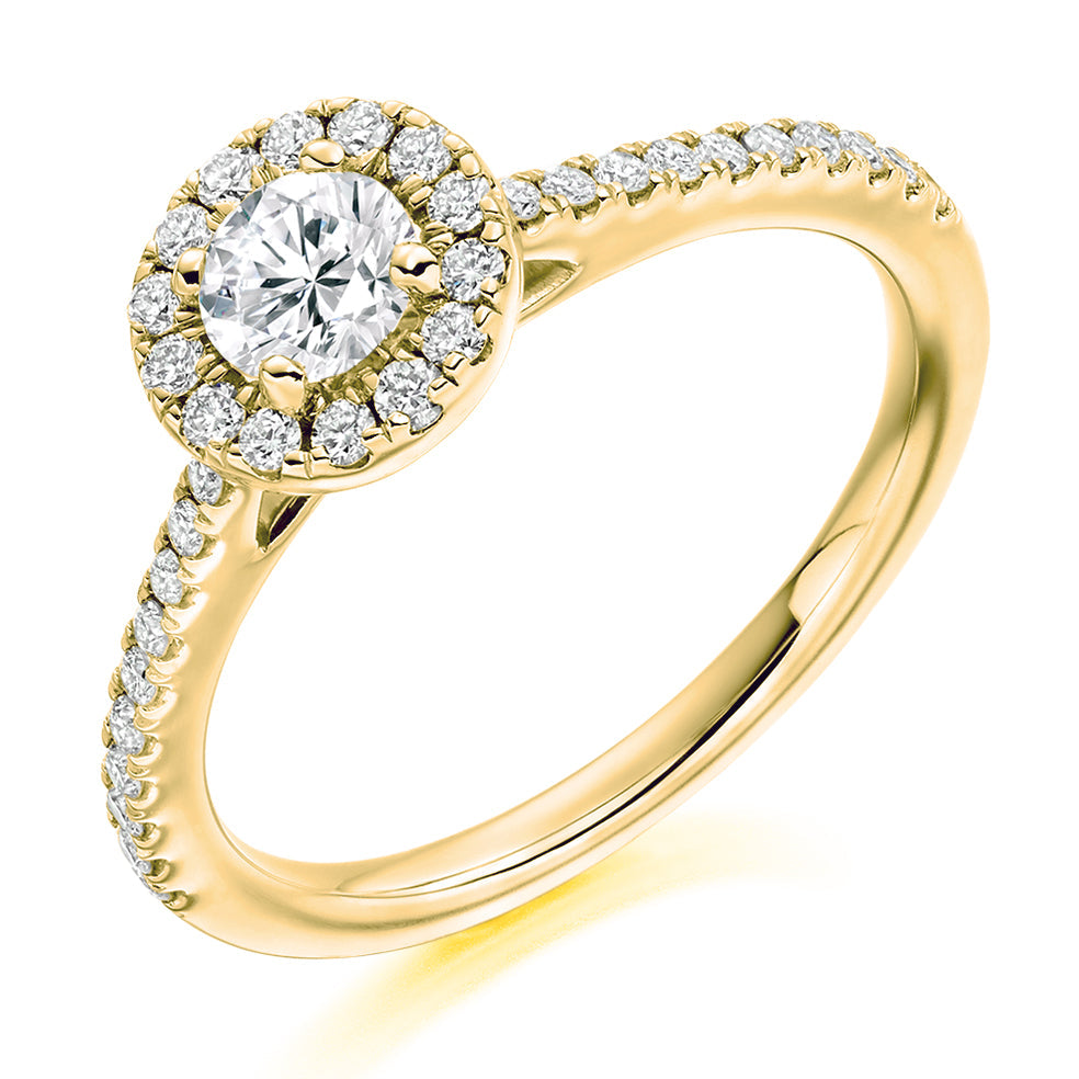 Halo with Diamond Shoulders Round Brilliant Engagement Ring in Yellow Gold