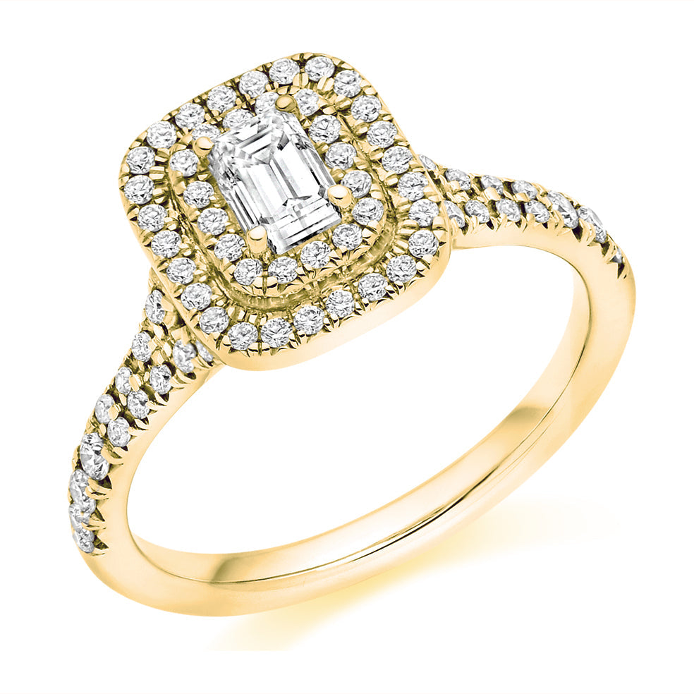 Double-Halo Split-Shoulder Emerald-Cut Engagement Ring, 0.33ct in Yellow Gold