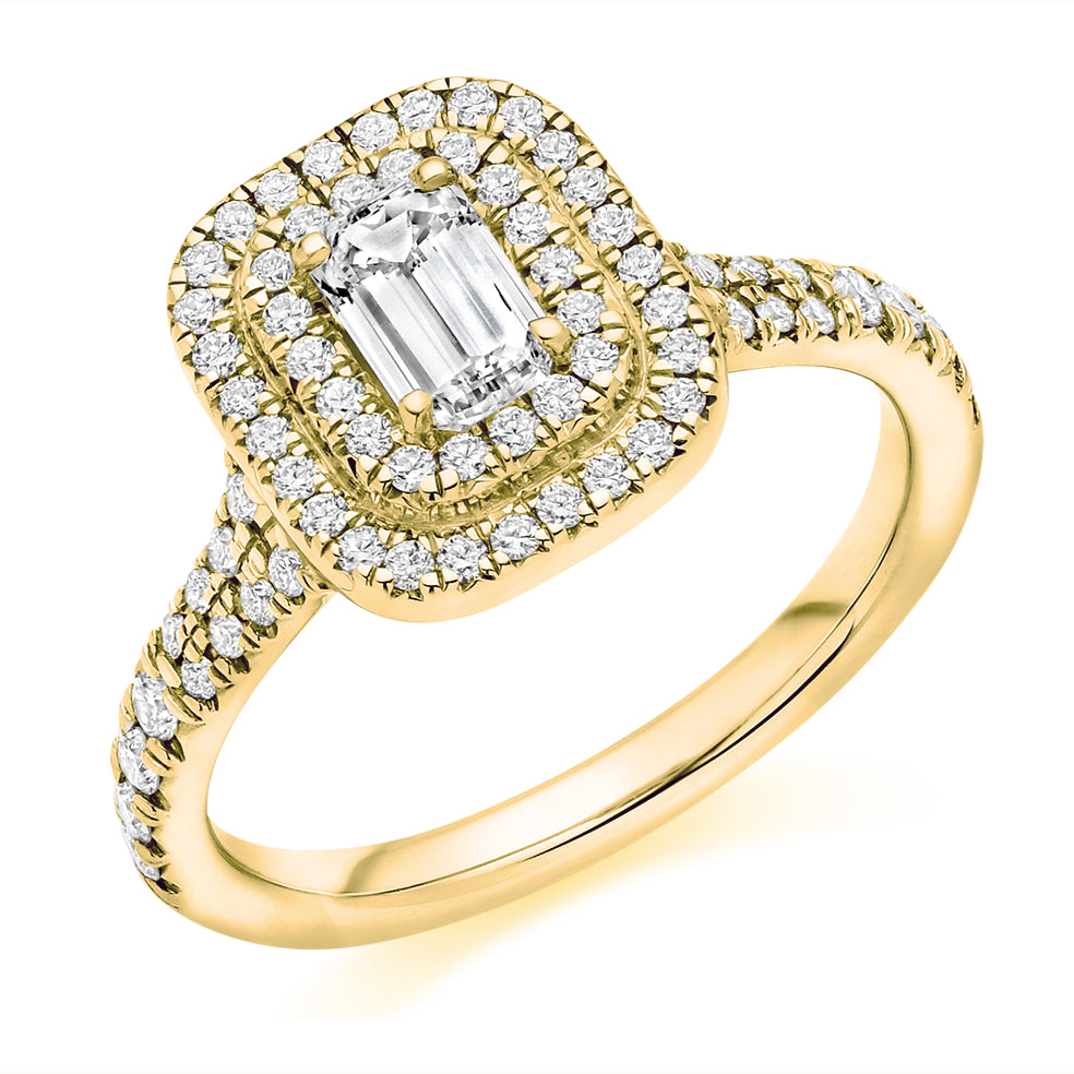 Double-Halo Split-Shoulder Emerald-Cut Engagement Ring, 0.5ct in Yellow Gold