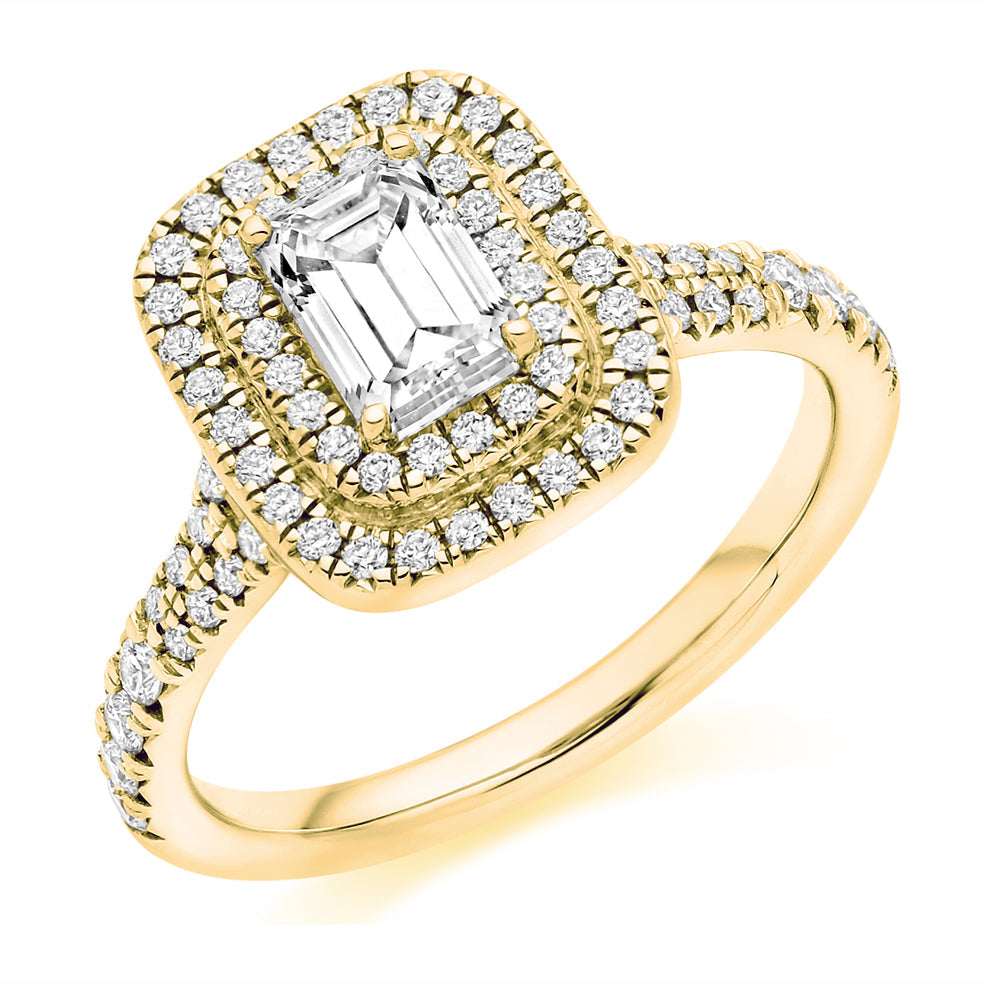 Double-Halo Split-Shoulder Emerald-Cut Engagement Ring, 0.75ct in Yellow Gold