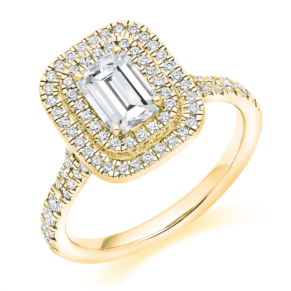 Double-Halo Split-Shoulder Emerald-Cut Engagement Ring, 1.0ct in Yellow Gold