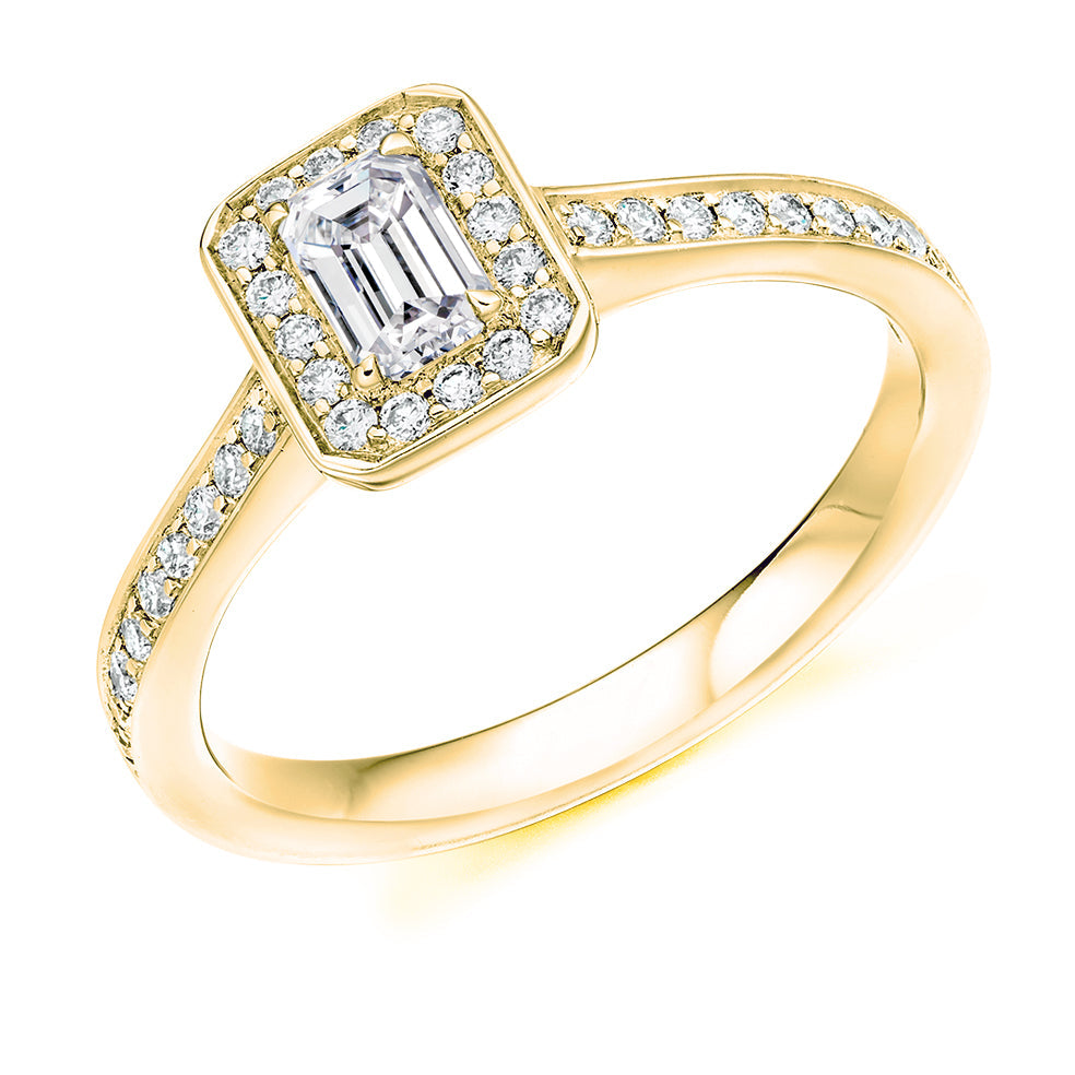 Pavé-Shoulder Halo Emerald-Cut Engagement Ring, 0.25ct in Yellow Gold