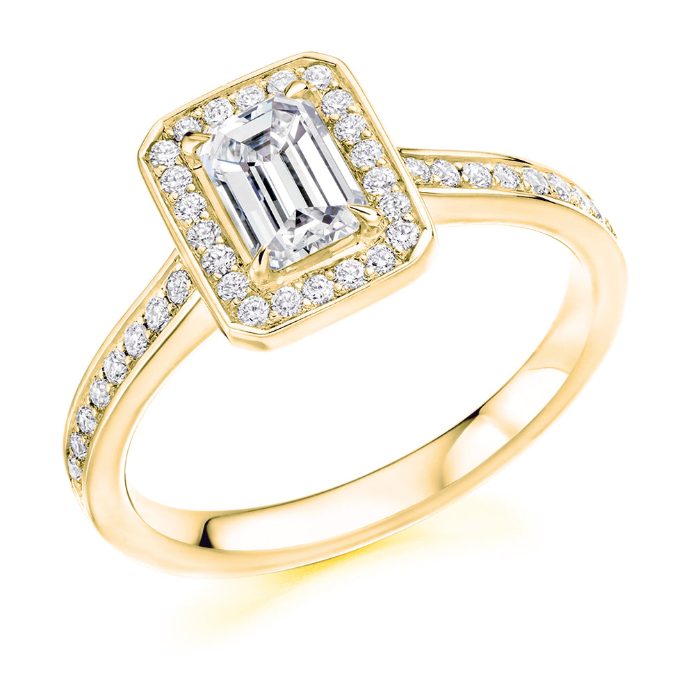 Pavé-Shoulder Halo Emerald-Cut Engagement Ring, 0.75ct (ENG4866 SMT) in Yellow Gold