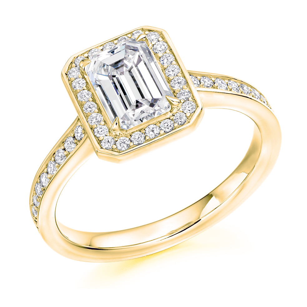 Pavé-Shoulder Halo Emerald-Cut Engagement Ring, 1.0ct (ENG4867 SMT) in Yellow Gold