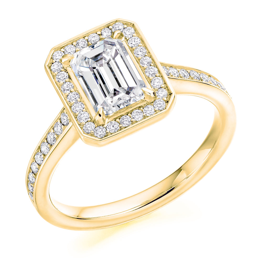 Pavé-Shoulder Halo Emerald-Cut Engagement Ring, 1.5ct (ENG4868 SMT) in Yellow Gold