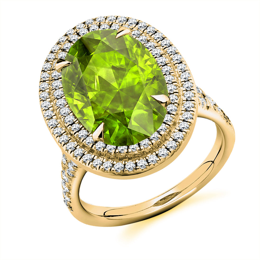 Cluster Halo Peridot & Diamond Engagement Ring, 0.6ct in Yellow Gold