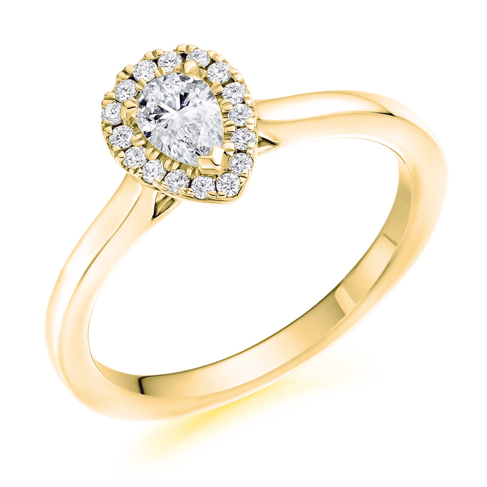 Clean-Shouldered Halo Pear Cut Engagement Ring in Yellow Gold
