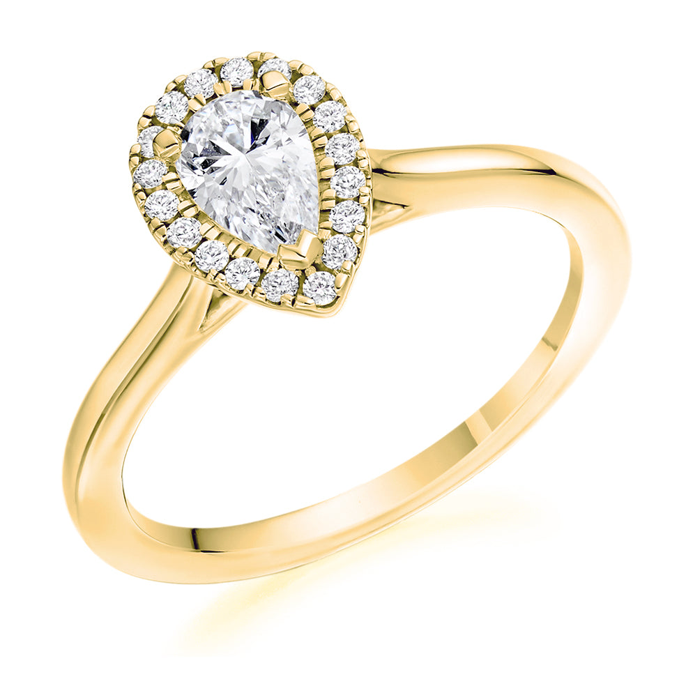 Halo with Plain Shoulders Pear Cut Engagement Ring in Yellow Gold