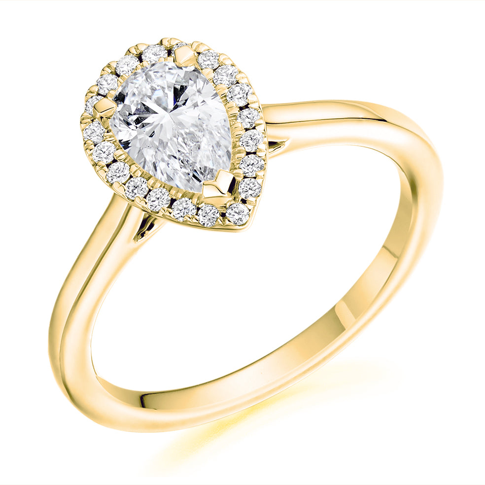 Plain-Band Halo Pear Cut Engagement Ring in Yellow Gold