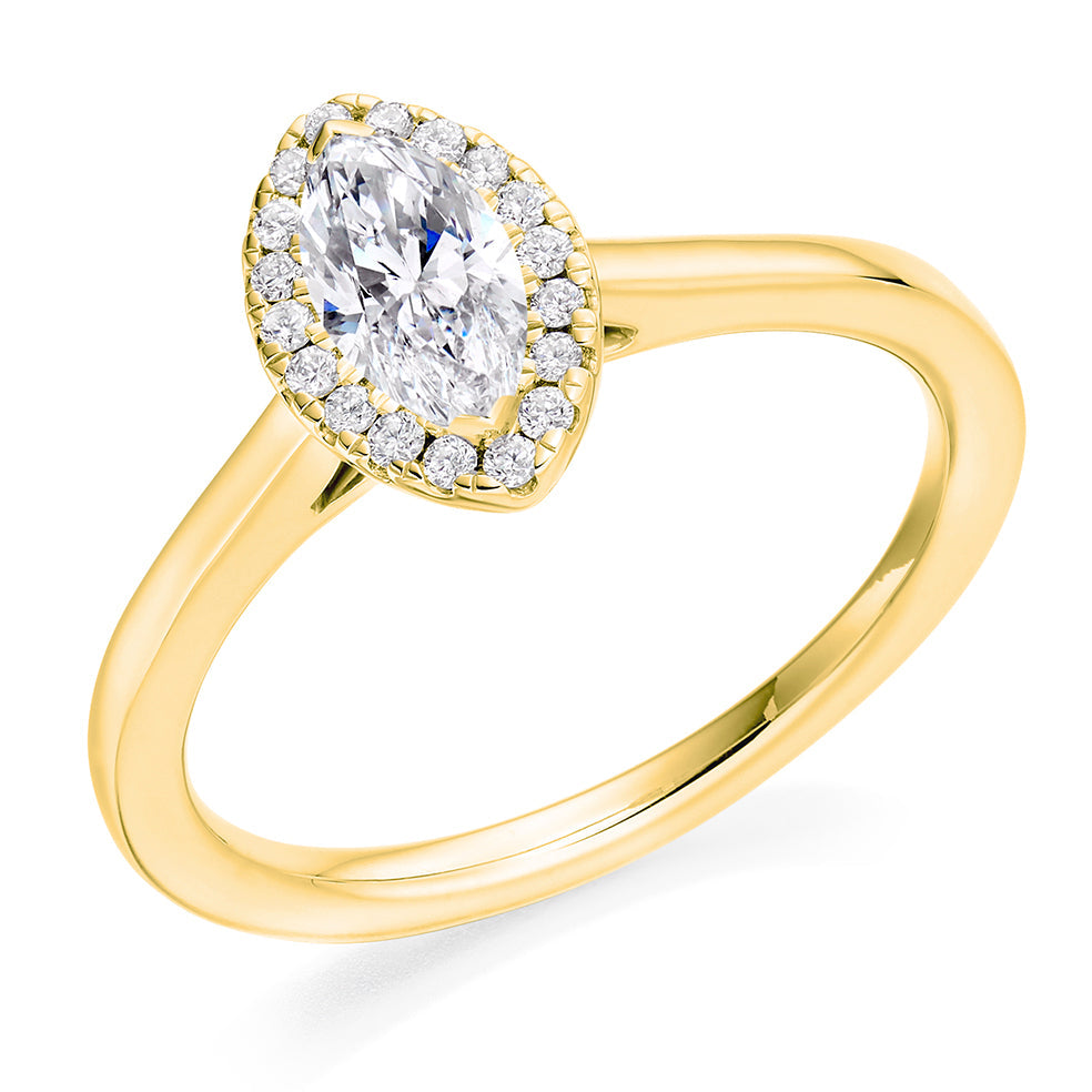 Halo with Plain Shoulders Marquise Cut Engagement Ring in Yellow Gold