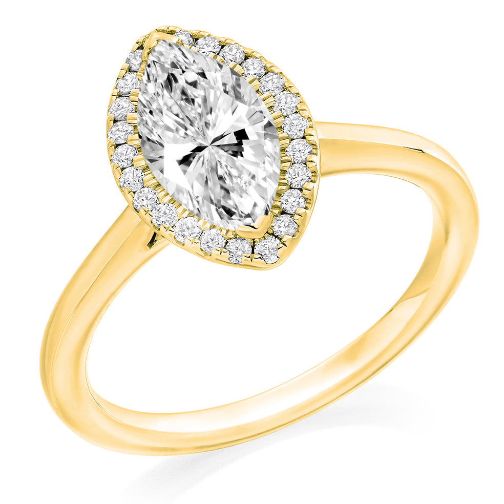 Clean-Shouldered Halo Marquise Cut Engagement Ring in Yellow Gold