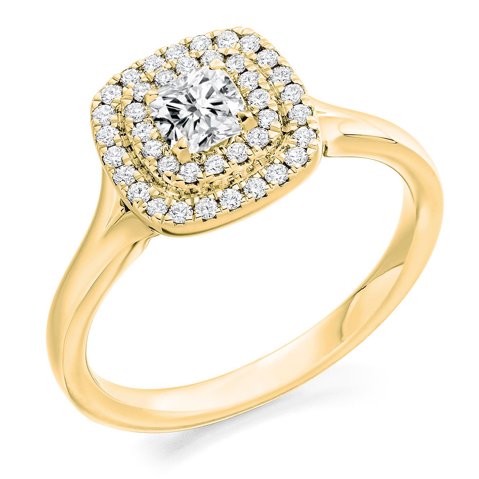 Halo with Split Shoulders Cushion Cut Engagement Ring, 0.33ct in Yellow Gold