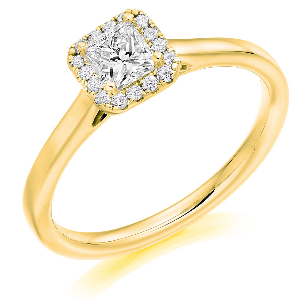 Plain-Band Halo Princess Cut Engagement Ring in Yellow Gold