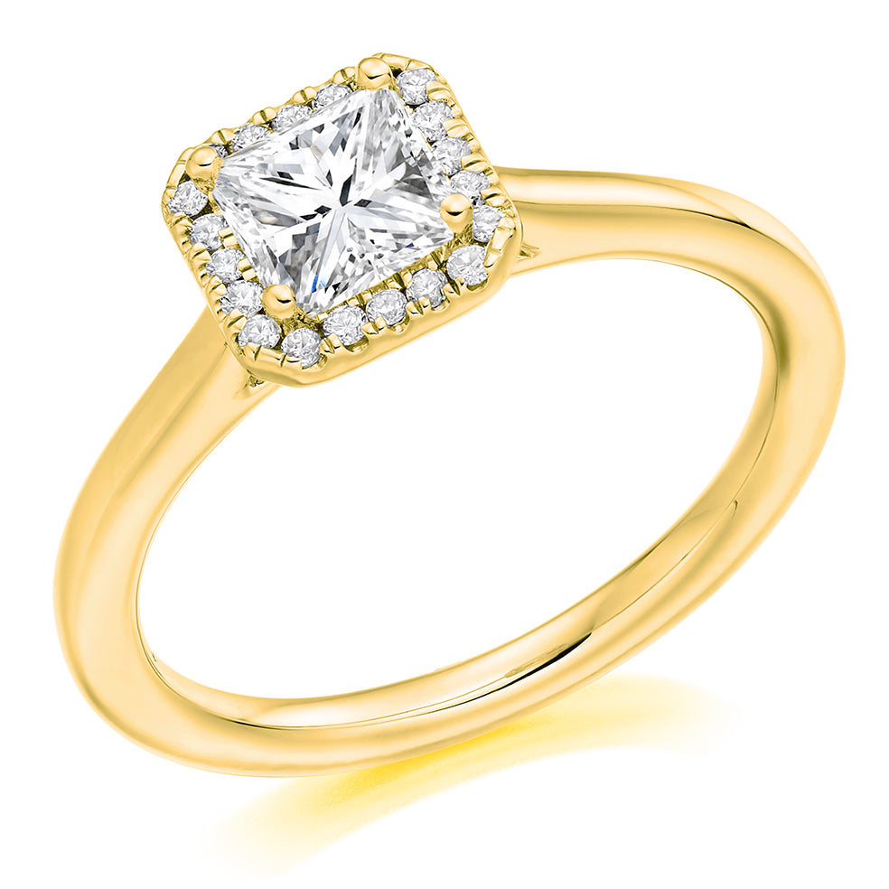 Halo Solitaire Princess Cut Engagement Ring in Yellow Gold