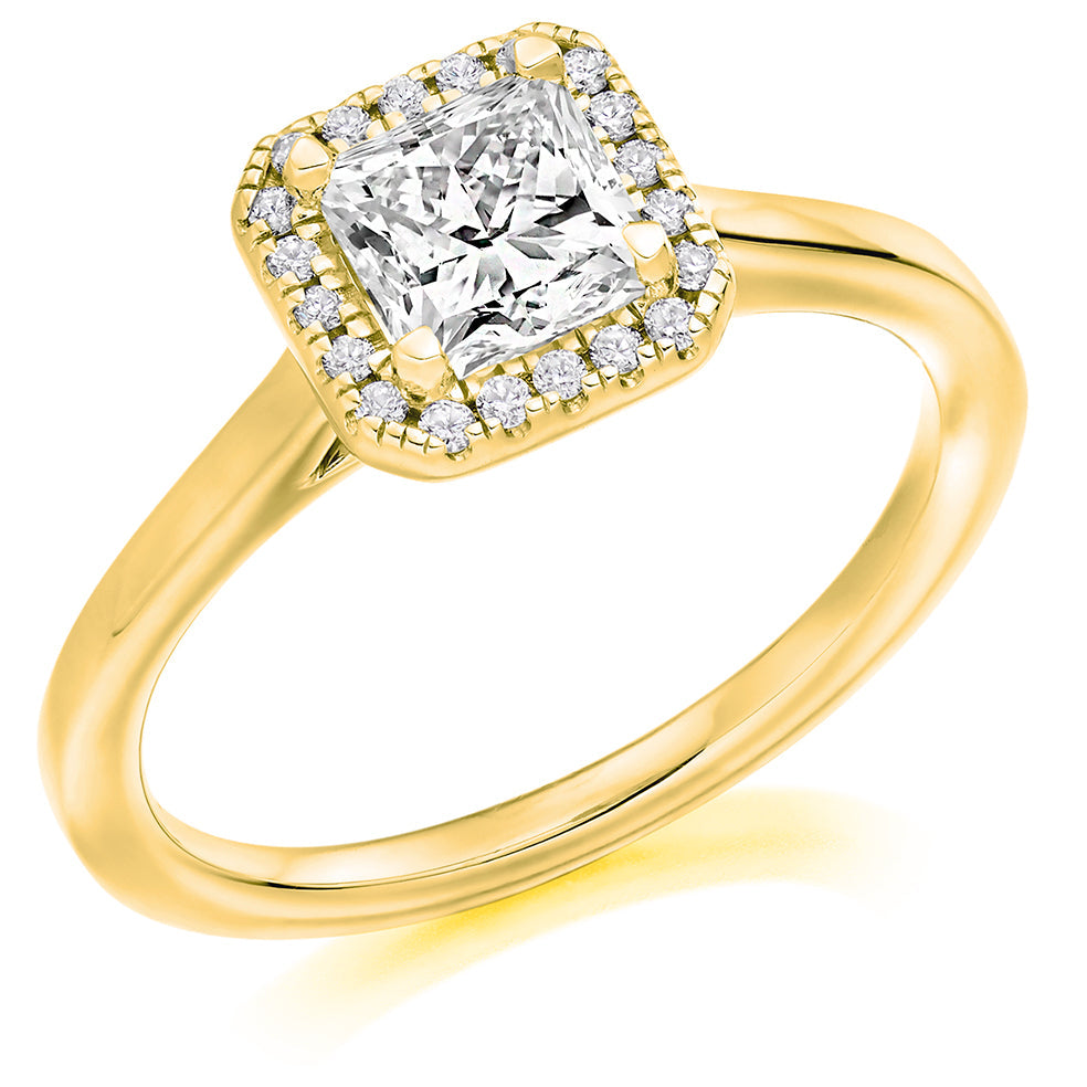 Clean-Shouldered Halo Princess Cut Engagement Ring in Yellow Gold