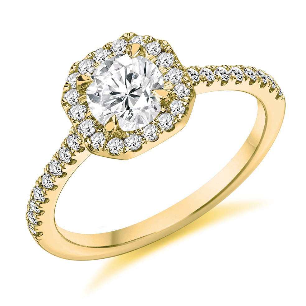 Pavé-Shoulder Halo Round-Brilliant Engagement Ring, 0.75ct in Yellow Gold