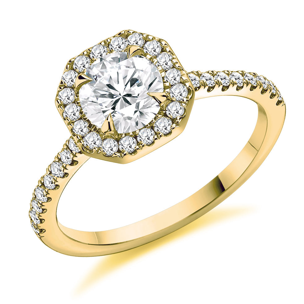 Pavé-Shoulder Halo Round-Brilliant Engagement Ring, 0.9ct (ENG5013 SMT) in Yellow Gold