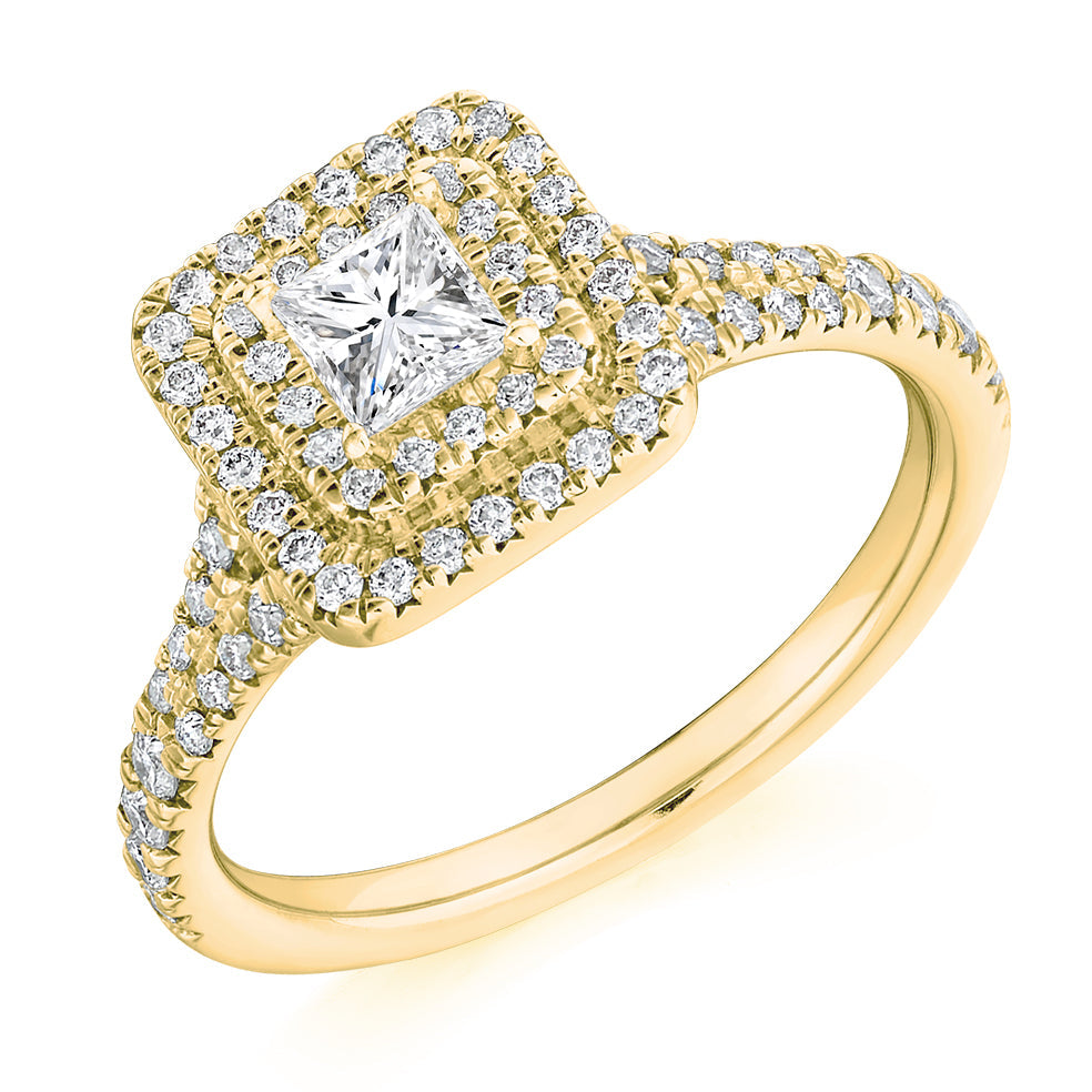 Double-Halo Split-Shoulder Princess-Cut Engagement Ring, 0.33ct in Yellow Gold