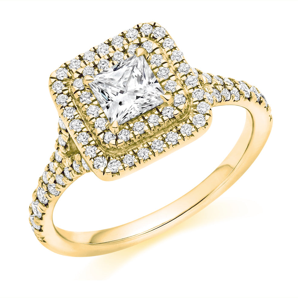 Double-Halo Split-Shoulder Princess-Cut Engagement Ring, 0.5ct in Yellow Gold