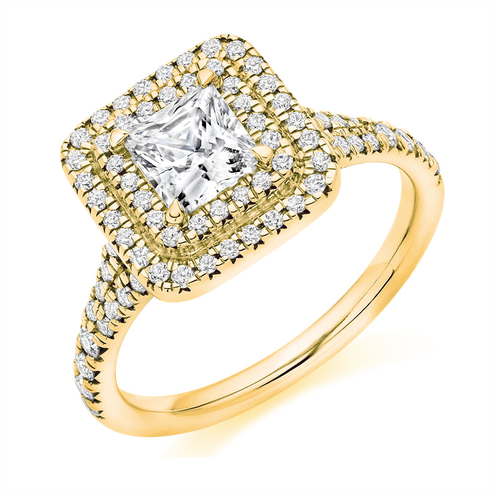 Double-Halo Split-Shoulder Princess-Cut Engagement Ring, 0.75ct in Yellow Gold