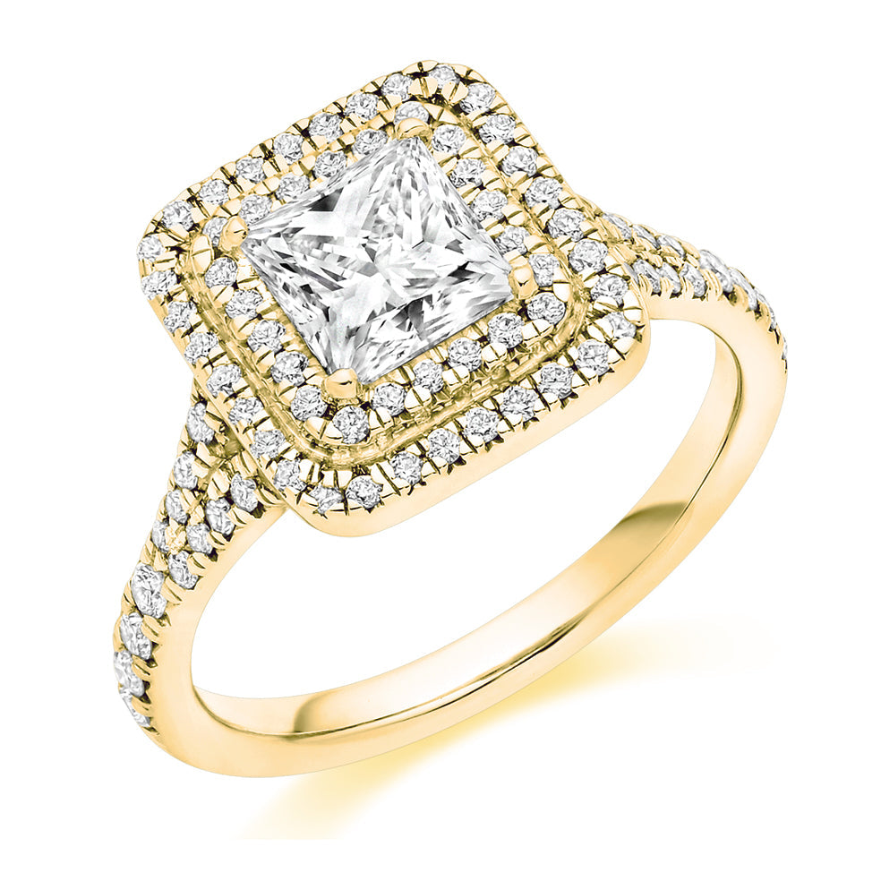 Double-Halo Split-Shoulder Princess-Cut Engagement Ring, 1.0ct in Yellow Gold