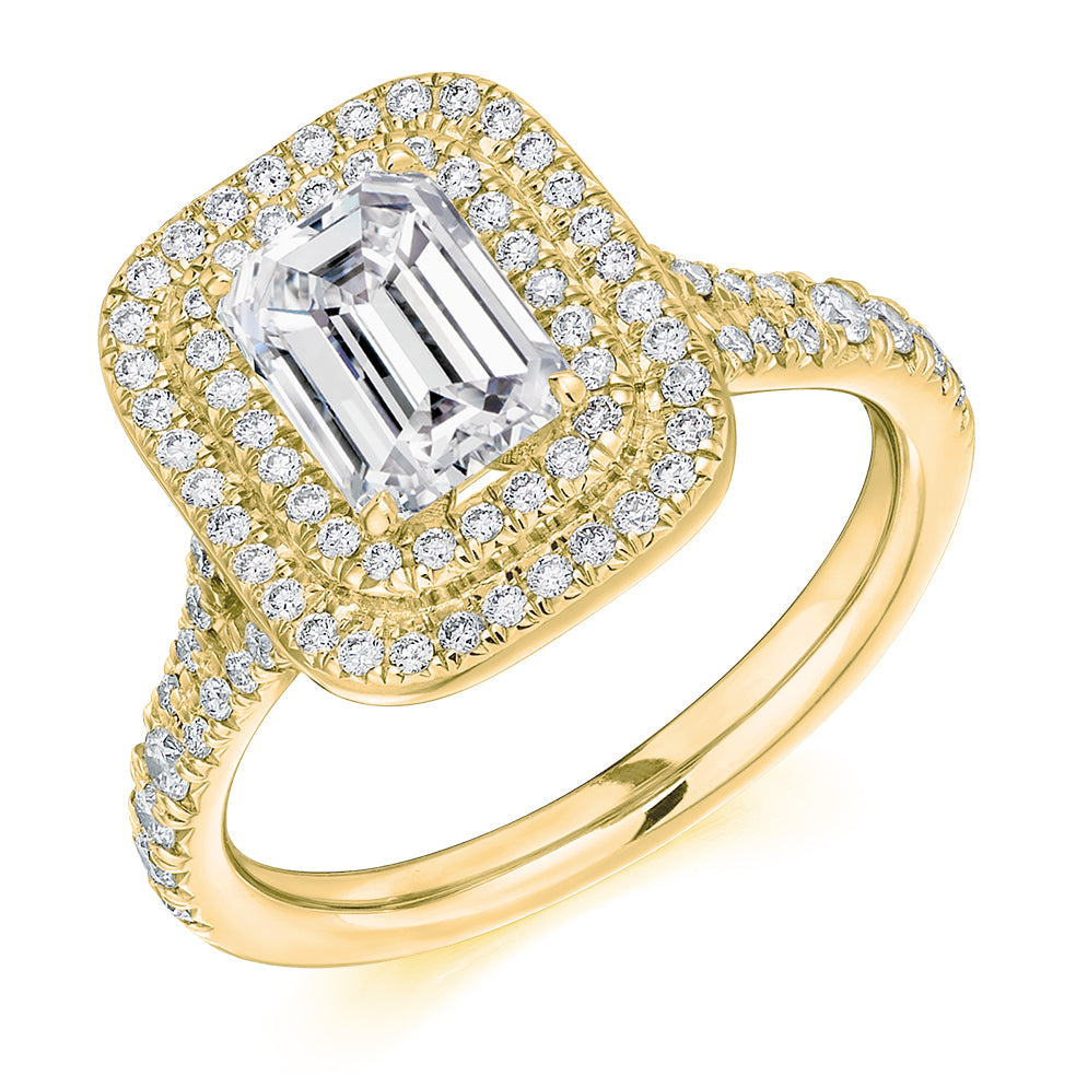 Double-Halo Split-Shoulder Emerald-Cut Engagement Ring, 1.5ct in Yellow Gold