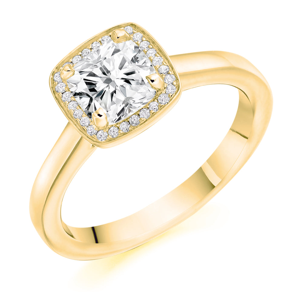 Plain-Shoulder Halo Cushion-Cut Engagement Ring, 1.0ct in Yellow Gold